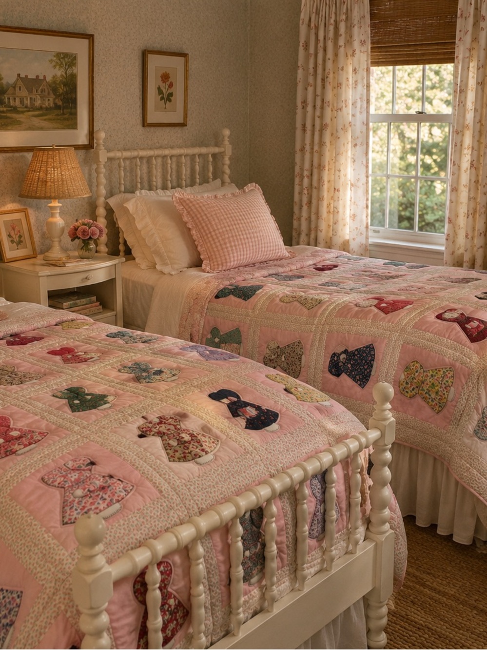 Classic Cottage Pink Patchwork bonnet sue Quilts set of 2